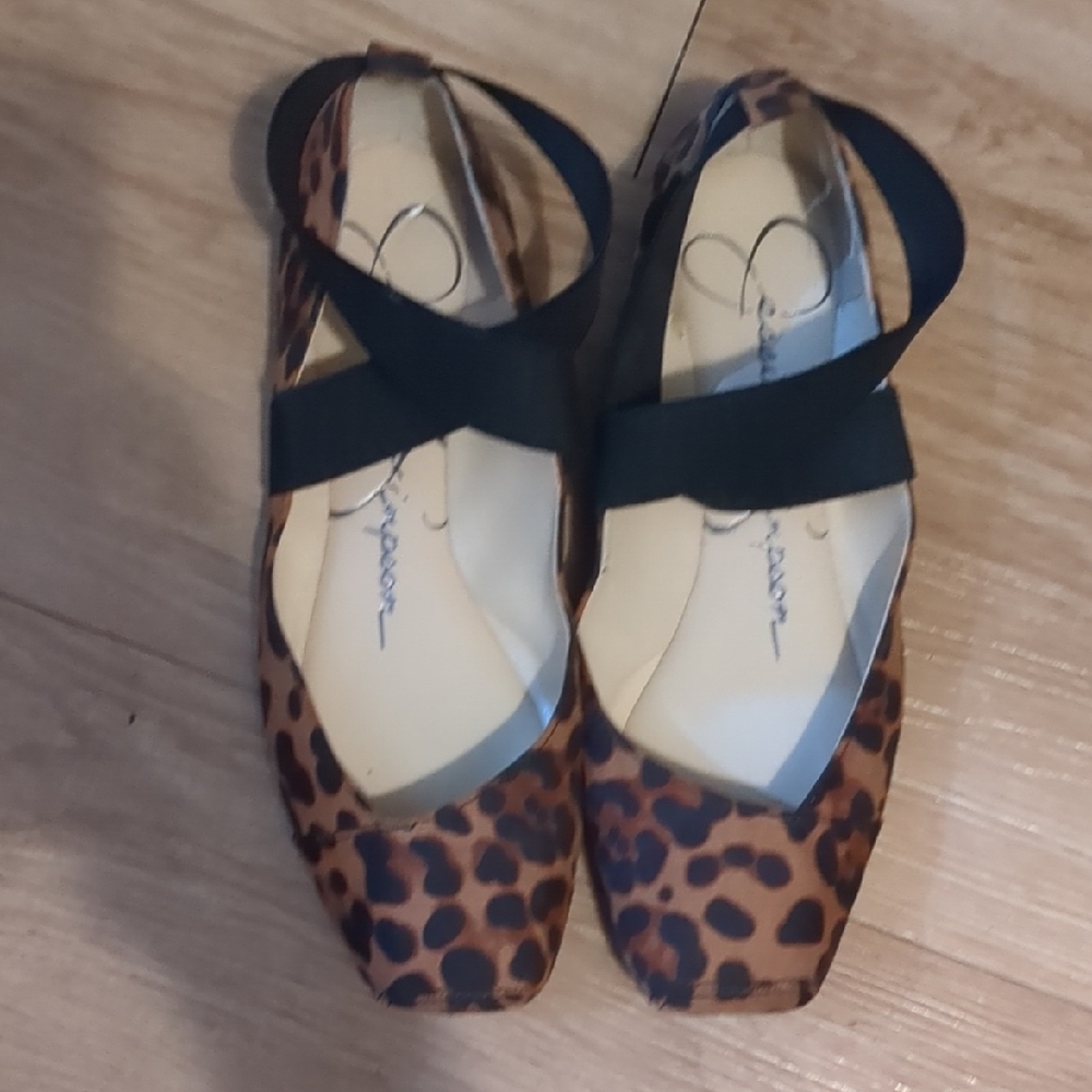 Jessica Simpson Leopard Print Ballet Flats with Black ElasticStraps
